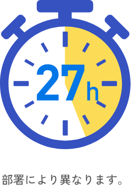 月の平均残業時間 27h 部署により異なります。